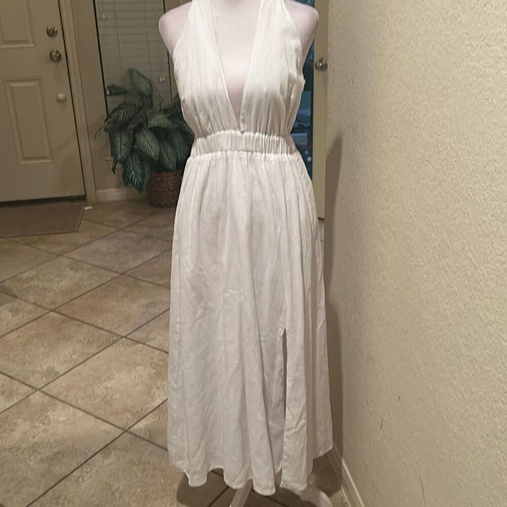 Showpo Halter Neck Crepe Midi Dress White Open Back Mediterranean Greek Goddess